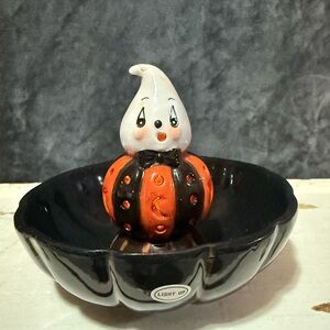 Johanna Parker Light Up Ghost Pumpkin Candy Dish Halloween Ceramic NWT